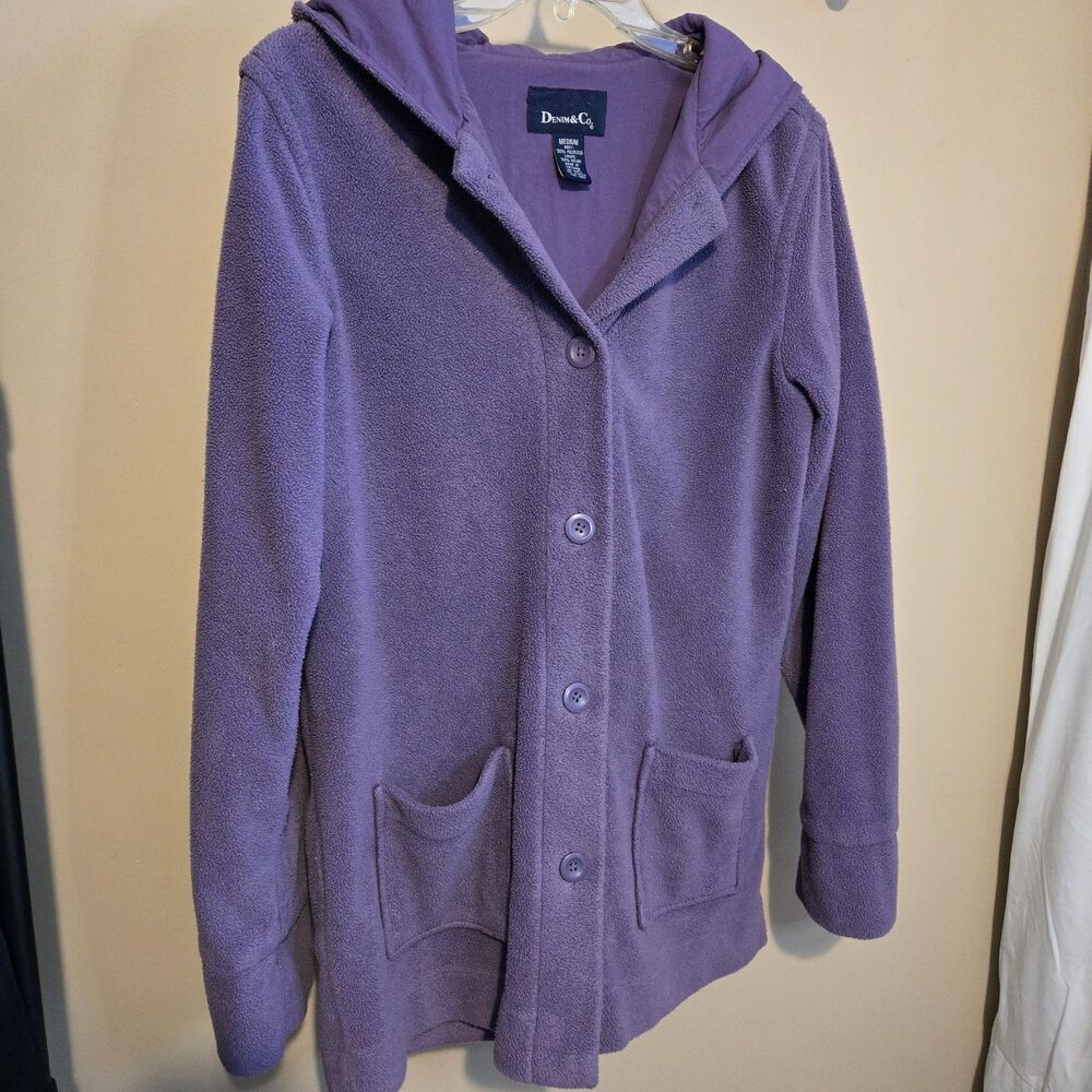 Denim & Co Purple Button Lined Fleece Jacket Pockets Hood, M